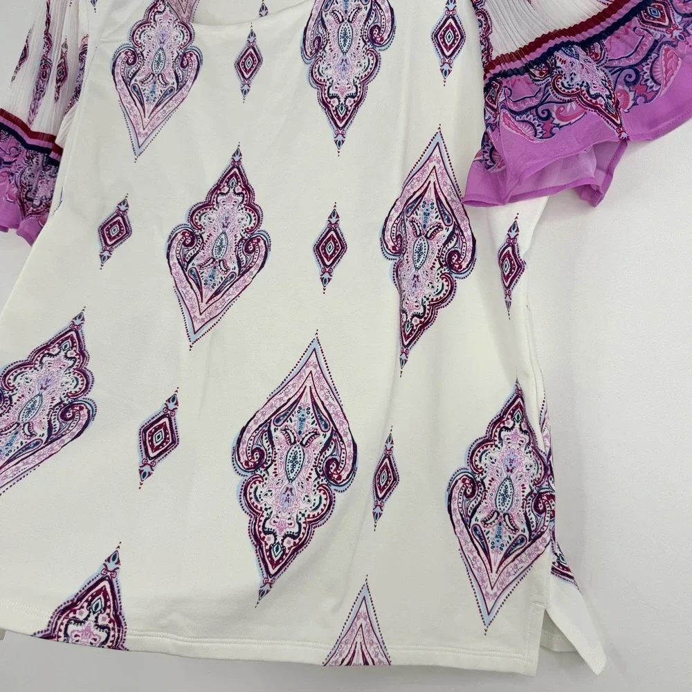 Chico's Knit Square Neck White Purple Paisley Chiffon Flutter Sleeve Top SZ-3-XL